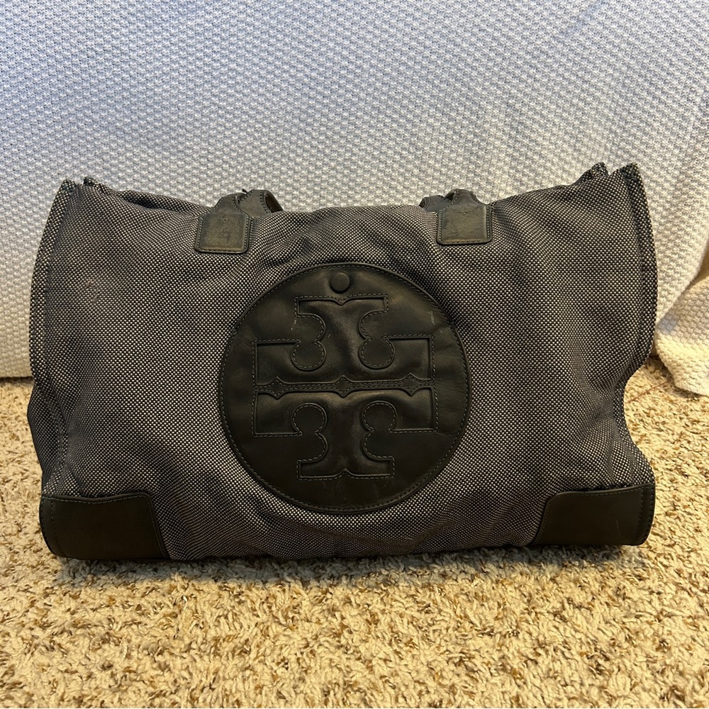 TORY BURCH Ella Two-Tone Black and Navy Textured Canvas Large Tote